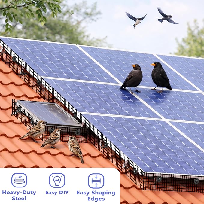 PROLEE 8 Inch X 100FT Solar Panel Bird/Critter Guard Anti-Rust with 100 Fastener Clips Rooftop Solar Panel Bird Wire Screen, Removable Without Damage