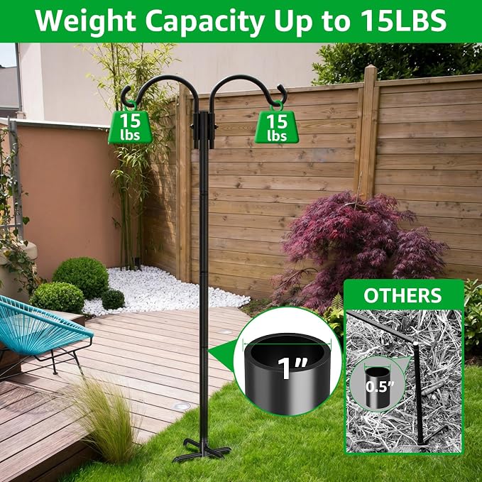 GOFORWILD Double Shepherds Hook for Outdoor, with 5-Prong Base, 76inch Adjustable Metal Bird Feeder Pole for Hanging Bird Nest, Plant Basket,Lantern,Solar Light 2 Pack