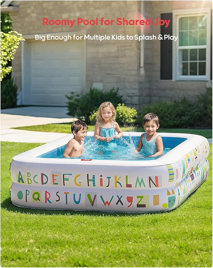 QPAU Kiddie Pool – 65" x 39" Inflatable Pool for Kids & Toddlers, Ball Pit & Baby Pool with Soft Floor, Educational Alphabet & Number, Durable Outdoor Play Toys for Backyard & Indoor Fun (Blue)