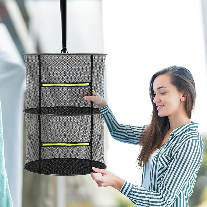 MEKOLIFE 2 Layer Herb Drying Rack, Collapsible Mesh Drying Rack, Small Hanging Drying Net with Green Zipper & Hooks, Indoor Outdoor for Drying Herbs, Socks, Underwear, Seafood & Camping Food (11.81")