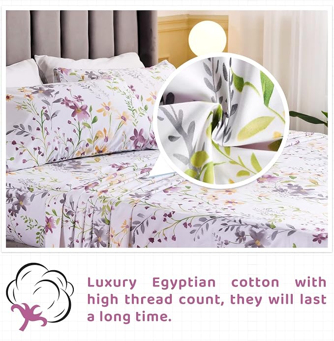 QSH 100% Egyptian Cotton Sheets Full Size Set, Yellow Flowers Plant Pattern Botanical Luxury Cotton Printed Bedding Floral Full Bed Sheets Extra Soft and Breathable 4pcs Deep Pockets Sheets