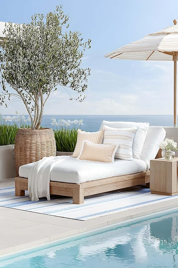 Hofdeco Premium Coastal Hampton Patio Indoor Outdoor Throw Pillow Cover Only, 22"x22" Water Repellent for Backyard, Couch, Poolside, Neutral Tan Blue Print Leaf Striped
