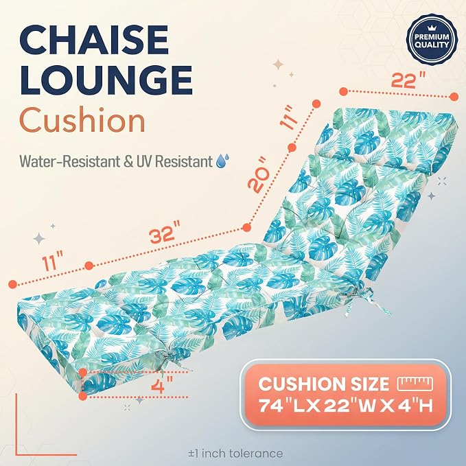 MAGIC ELEPHANT Chaise Lounge Cushion Outdoor, Memory Foam Patio Lounge Chair Cushion with Ties for Outdoor Furniture, 74 x 22 x 4 Inch (Aqua Monstera)