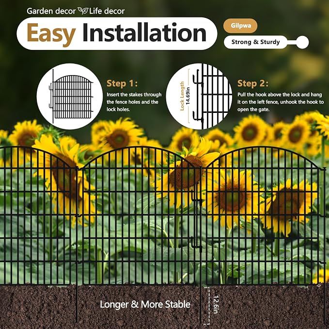 5 Panels Garden Fence Animal Barrier with Lock, 33in (H) x 12ft (L) Dog Fences Outdoor for Yard No Dig Rustproof Decorative Tall Metal Panel Border Rabbits Temporary Ground Stakes Fencing