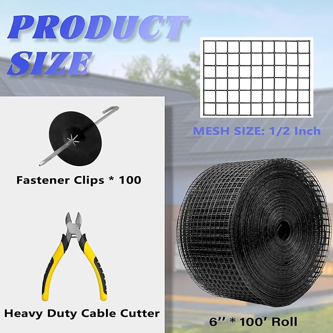 PROLEE 6 Inch X 100FT Solar Panel Bird Guard, Anti-Rust Critter Guard with 100 Fastener Clips Rooftop Solar Panel Bird Wire Screen, Removable Without Damage(6 Inch x 100 Feet)