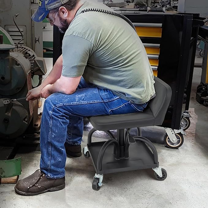 M-AUTO Padded Seat Garage Stool on Wheels, 16”-21” Height Adjustable Swivel Mechanics Seat with Tool Tray Storage for Garage and Garden, 300lbs Capacity