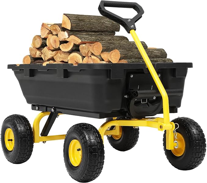 900LB Garden Dump Cart, 2026 Upgraded Heavy Duty Wheelbarrow Cart with 10" Non-Slip Pneumatic Tires & Quick-Release System, 4-Wheel Steel Frame Wagon for Transportation in Yard, Farm, Garden