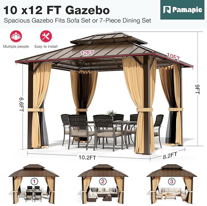 PAMAPIC 10x12FT Hardtop Gazebo,Galvanized Steel Double Roof Gazebo,Outdoor Permanent Pavilion with Breathable Netting & Privacy Curtain for Patio,Backyard,Deck,Lawn,Brown
