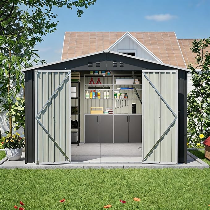 YOPTO 10x10 FT Outdoor Storage Shed,Large Metal Tool Sheds with Updated Frame Structure and Lockable Doors, Garden Shed for Backyard Patio Lawn, Black