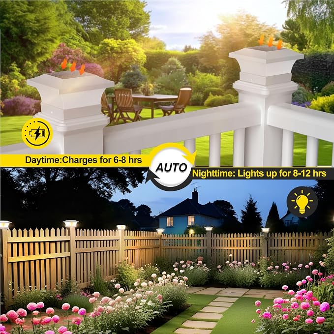 T-SUN Solar Post Cap Lights, Waterproof Outdoor Solar Powered Deck Fence Post Lights for 4 X 4 Wooden/Vinyl Posts, 3000K Warm White Lighting Decor for Deck, Patio, Garden, Porch, Fence(White - 2 Pack)