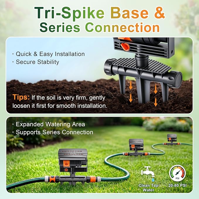 Oscillating Sprinkler with Adjustable Aluminum Riser, 4 Way Lawn Sprinklers for Yard and Garden, 16 Nozzles, Cover up to 4.069 sq. ft Ideal for Watering Different Heights (Spike)