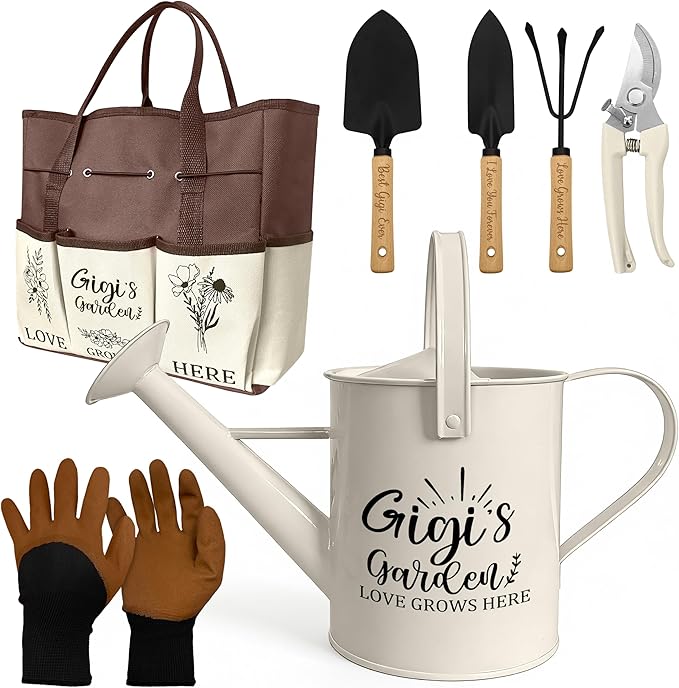 Gigi Gifts, Garden Kit Gifts for Gigi Mothers Day from Grandkids Gardening Tools and Durable Garden Tools Organizer Tote, Ideal Gardening Set for Women on Plant Lover Birthday Present Brown