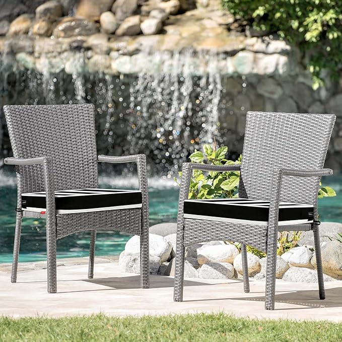 Patio Chair Cushions 24x24 Inch, Water Repellent Outdoor Seat Cushions with Adjustable Straps, Fade Resistant Replacement Cushions for Garden Deck Sofa Couch, Set of 2, Black White