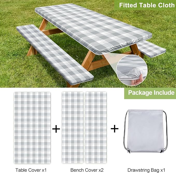 Play Tailor Picnic Table Cover with Bench Covers Camping Essentials Waterproof Windproof Camping Tablecloth with Drawstring Bag, Fitted Rectangle Tables and Seats, 96in, Grey Checkered