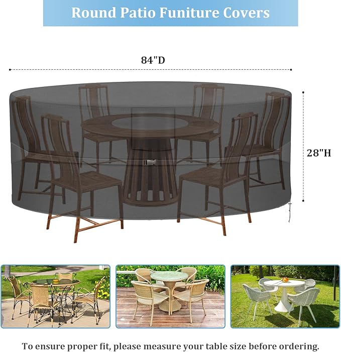RICHIE Round Patio Furniture Covers - 600D Heavy Duty Waterproof Outdoor Table Cover, Lawn Furniture Set Covers for Dining Table and Chairs Seating 84"DIAx28"H