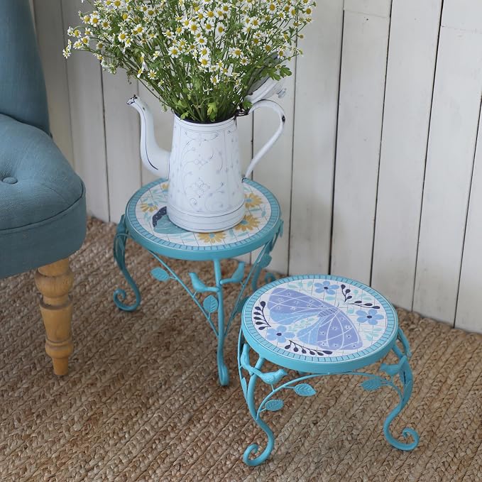 Set of 2 Plant Stand for Indoor Outdoor, Heavy Duty Cast Iron with 10" Ceramic Tile Top Plant Table, Tall Vintage Decorative Plant Rack, Mosaic Flower Pot Holder for Home Garden Porch Yard Patio