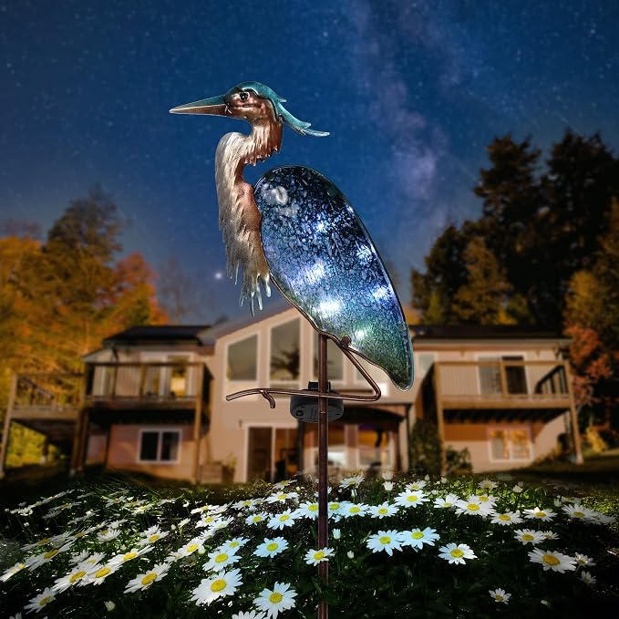 TERESA'S COLLECTIONS Blue Heron Garden Decor for Outside, Glass Solar Lighted Lawn Ornament for Yard Art, Weatherproof Decorative Stake for Patio Outdoor, 39 Inch