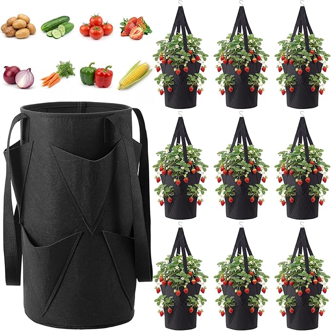 SATINIOR 10 Pack Upside Down Strawberry Planter Set Hanging Vegetables Grow Bags with 10 S Hooks, 3 Gallon Fabric Planting Bags for Easy Vertical Gardening(Black)