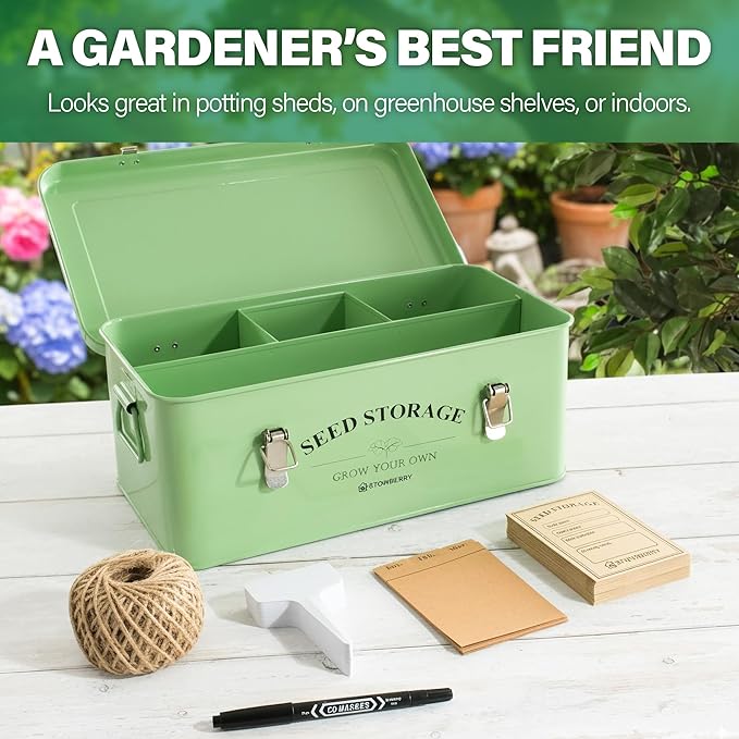 Seed Storage Box Organiser – Green Garden Seeds Tin with Lid, Side Handles, 4 Compartments & Safety Lock – Seed Packet Container for Gardeners – Gardening Gift Idea with Over 100 Accessories