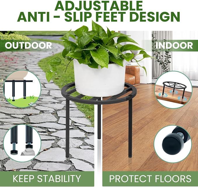 TOSKING 2-Pack Heavy Duty Metal Plant Stand Holds 120 lbs –10.2" Modern Minimalist Slatted Top Stand for Medium to Large Pots, Adjustable Leveling Feet & Rustproof Finish, Indoor/Outdoor, Black (10.2"D x 7.9"H)