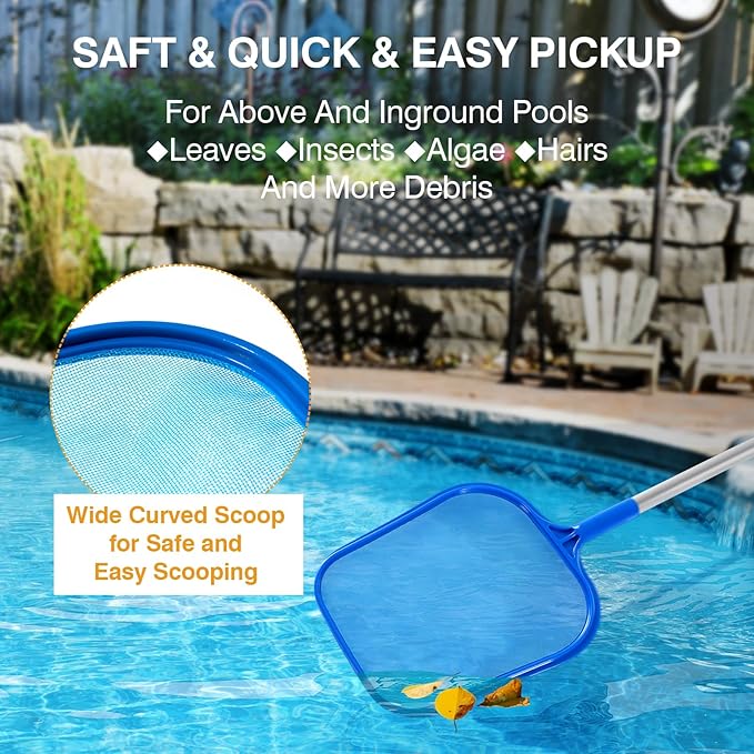 Pool Skimmer - Pool Skimmer Net with 5 Section Adjustable Telescopic Aluminum Pole, 25''- 64'', Pool Net Skimmer Rake with Ultra Fine Mesh , Pool Leaf Skimmer for Swimming Pools, Spas, Hot Tubs