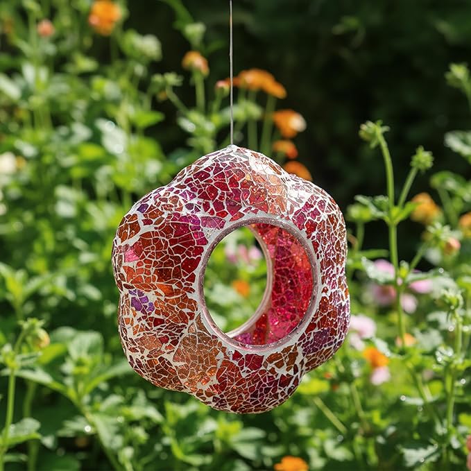 Sunnydaze 10-Inch Glass Mosaic Hanging Bird Feeder for Outdoors - Fly-Through Glass Bird Feeder for Cardinals, Jays, Finches and More - Pearl Pink Flower