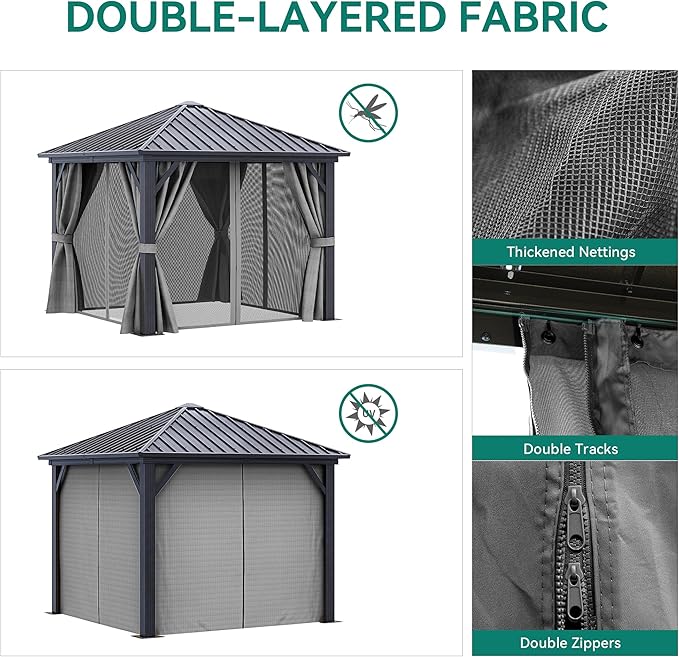 YITAHOME 10x10ft Hardtop Gazebo with Nettings and Curtains, Heavy Duty Galvanized Steel Outdoor Vertical Stripes Roof for Patio, Backyard, Deck, Lawns, Grey