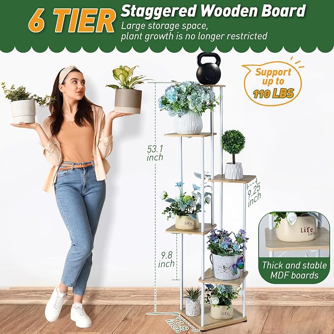 Dreyoo Plant Stand with Grow Light Indoor, 6 Tier 6 Potted Sturdy Metal Plant Shelf, Multiple Plant Holder Tall Plant Ladder for Display Plant Flower Corner Living Room Office (White, Wood Color)