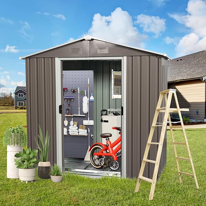 YOPTO 8 x 4 FT Outdoor Storage Shed, Large Metal Utility Garden Shed with Sliding Doors Sliding Doors, Waterproof Sloping Roof, Air Vents, Tool Storage House for Backyard Lawn, Gray