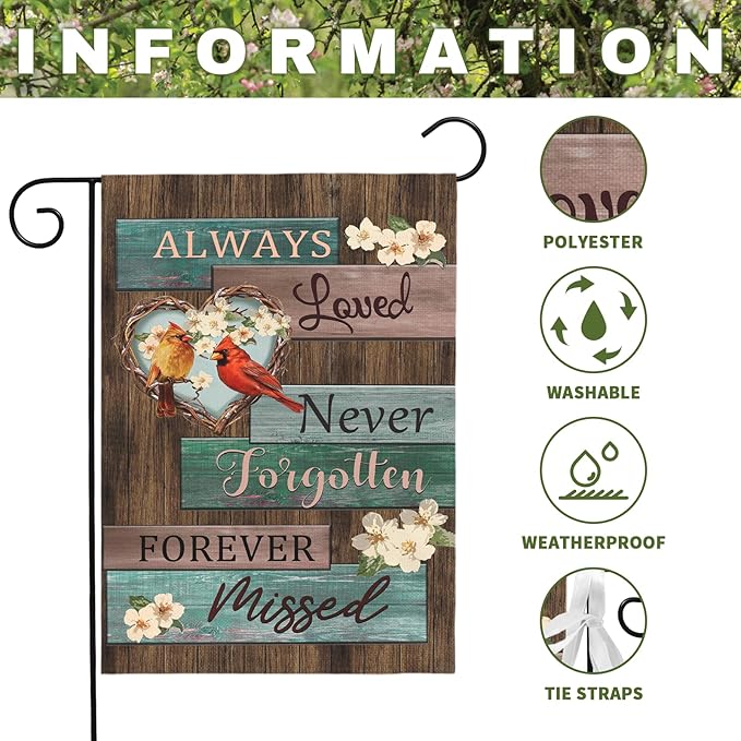 Cardinal Memorial Garden Flag Always Loved Never Forgotten Forever Missed Spring Summer Remembrance Yard Flags Red Bird Sympathy Outdoor Decor House Banner Double Sided 12x18 Inch Lawn Porch