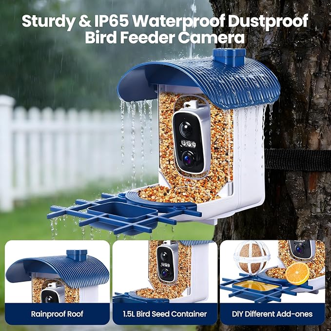 Smart Bird Feeder with Camera : 2K HD Video Live Stream, AI Birds Species Identification ＆ Instant Arrival Alerts, Solar Bird Feeder Camera for Outdoor Backyard - Ideal Gifts for Mom Dad Birdlovers