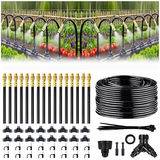 100FT Drip Irrigation System, 1/4 Inch Hose with 360° Adjustable Copper Nozzles – Garden Watering Kit for Lawn, Raised Beds, Greenhouse & Yard