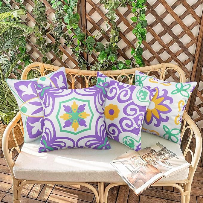 Pyonic Purple Outdoor Pillows Waterproof Throw Pillow Covers Set of 4 Floral Printed and Boho Farmhouse Outdoor Pillow Covers for Patio Funiture Garden 18x18 Inch