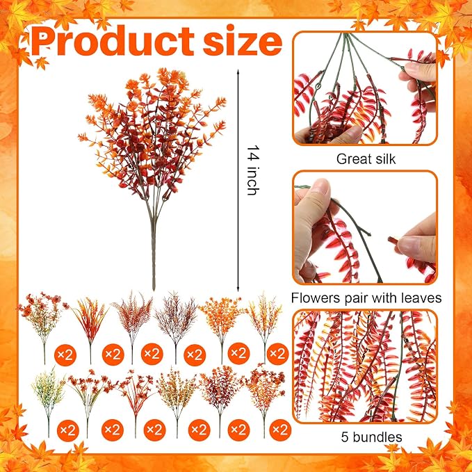 Thiccywoov 32 Bundles Artificial Fall Flowers Plants for Outdoors 16 Styles Autumn Decor, Fake Faux Flowers UV Resistant Orange Mums Violet Fern for Fall Thanksgiving Home Porch Window Box Decor