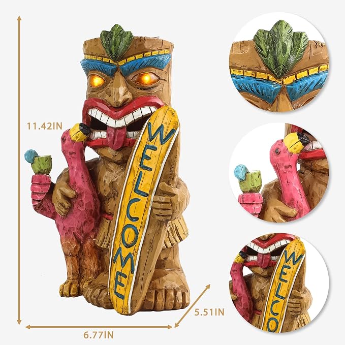 Solar Tiki Garden Statue Outdoor Decor with Flamingo Waterproof Welcome Sign for Tiki Bar, Patio, Balcony, Yard, Lawn, Front Door Decorations, Gardening Gift for Tiki Man