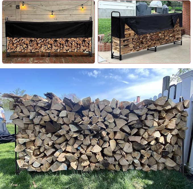 PeakPursuit 8FT Firewood Rack Outdoor with Waterproof Cove, Heavy Duty Logs Holder for Indoor Fireplace Metal Wood Pile Storage Stacker Organizer, Black