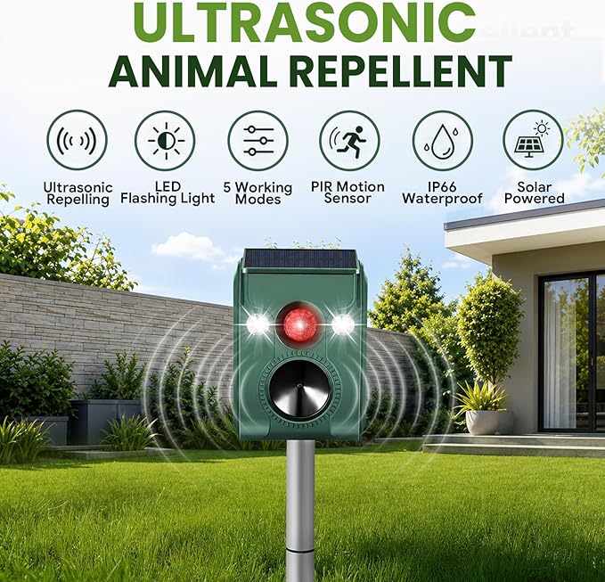 Cat Repellent Outdoor, Solar Ultrasonic Animal Repellent, Squirrel Repellent IP66 Waterproof, Raccoon Deterrent with Motion Detection, Dog Bird Rabbit Skunk Deer Repellent (1)