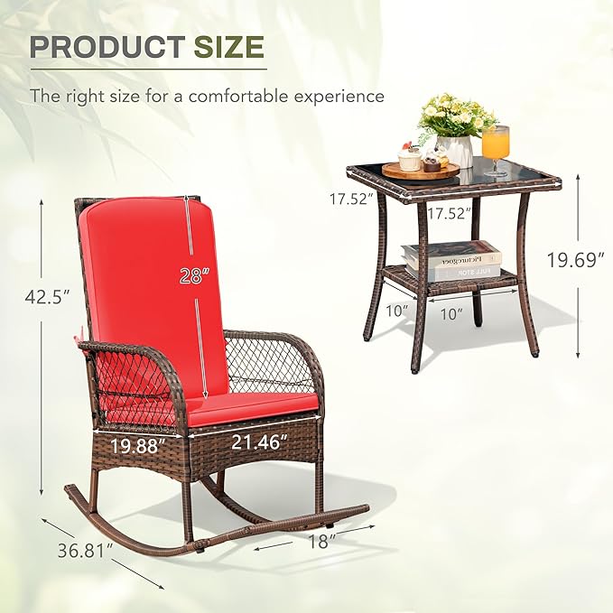 Greesum 3 Piece Outdoor Wicker Rocking Chairs Patio Furniture Set with Glass Coffee Table for Garden Backyard Porch Poolside, Red