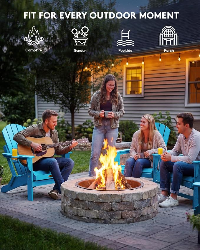 SERWALL Folding Adirondack Chair with Cup Holder Outdoor Adirondack Chairs Weather Resistant Patio Chair Fire Pit Chairs - Light Blue