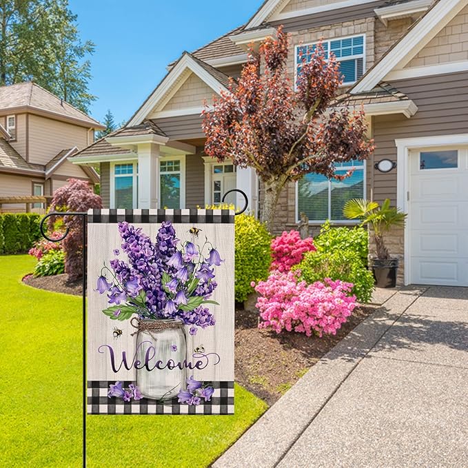 Hzppyz Welcome Spring Summer Floral Flower Garden Flag Double Sided, Hyacinth Canterbury Bells Decorative Yard Outdoor Home Small Decor, Mason Jar Plaid Farmhouse Outside House Decoration 12 x 18