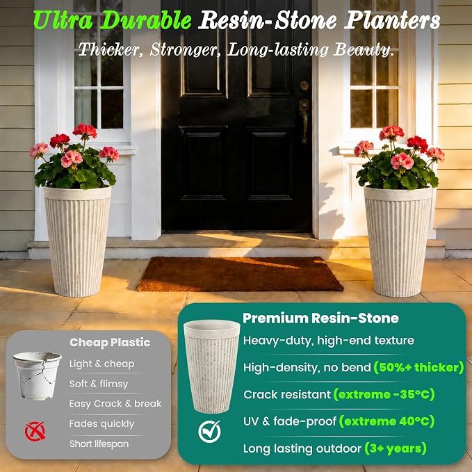 20" Resin Tall Planters for Outdoor Plants,Set of 2 Vintage Ivory Large Flower Pots with Handmade Fluted Texture,Heavy-Duty and Weather-Resistant for Porch Christmas Decor,Garden, Patio