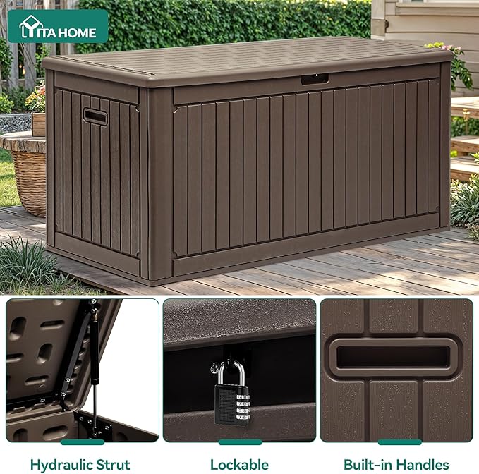 YITAHOME 320 Gallon Extra Large Deck Box, Double-Wall Resin Outdoor Storage Box with Flexible Divider for Patio Cushions Pool Supplies Garden Tools, 1000lbs Load Capacity, Lockable&Waterproof (Brown)