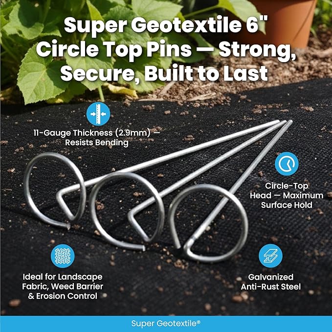 Super Geotextile Round Top Landscape Pins – 11 Gauge Heavy Duty 6 Inch Galvanized Steel Stakes for Landscape Fabric and Weed Barrier, 100 Pack