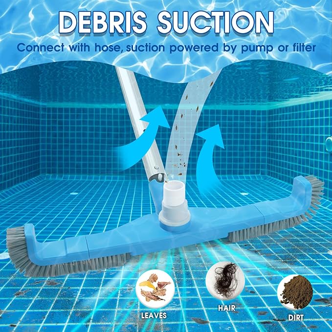 TidyMister 20" 2 in 1 Pool Brush Vacuum Head with Swivel Hose Connection & Sturdy Nylon Bristles for Heavy Duty Inground & Above- Ground Pool Cleaning - Connecting 1-1/4" or 1-1/2" Hose (No Pole)