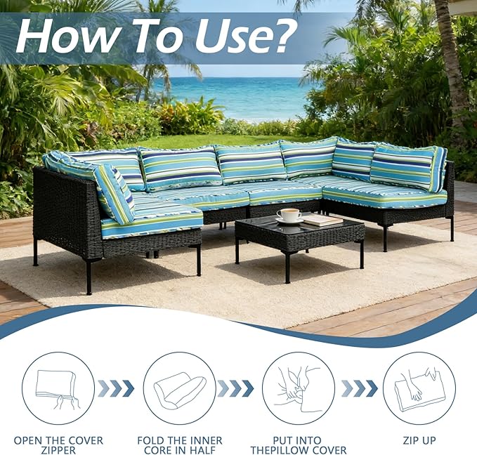 14Pcs Patio Cushion Covers Replacement Splashproof UV-Resistant Inelastic Covers with Zippers, Max Compatible 25.6x25.6x4inch Patio Cushion, for 7 Pcs Outdoor Patio Furniture Sets
