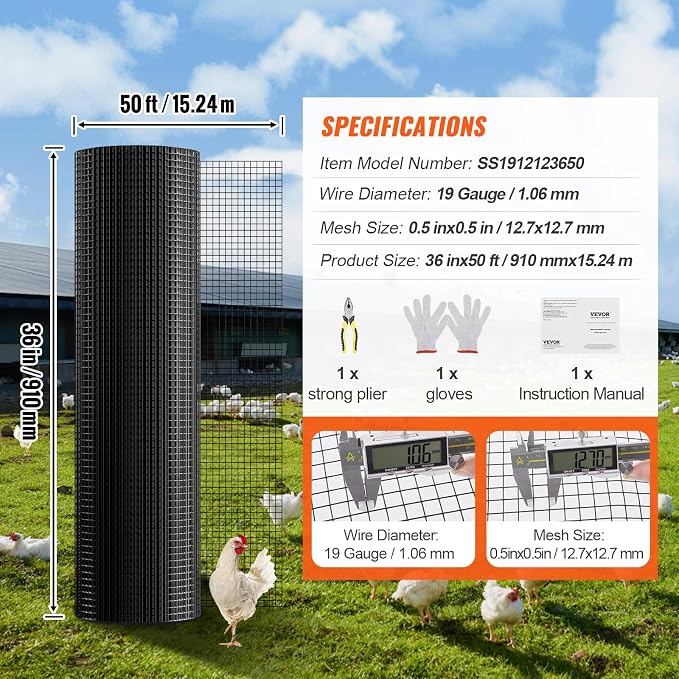 VEVOR Hardware Cloth, 36'' x 50' 1/2 inch Galvanized Wire Mesh Roll, 19 Gauge Chicken Wire Fencing Roll, Vinyl Coating Metal Wire Mesh for Chicken Coop Barrier, Rabbit Snake Fences, Poultry Enclosures