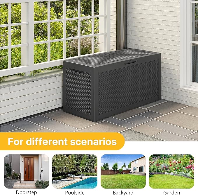 Skepphlay 100 Gallon Deck Box Outdoor Waterproof, Rattan Outdoor Storage Box, Patio Storage Boxes for Cushions, Pillow, Garden Tools, Equipment