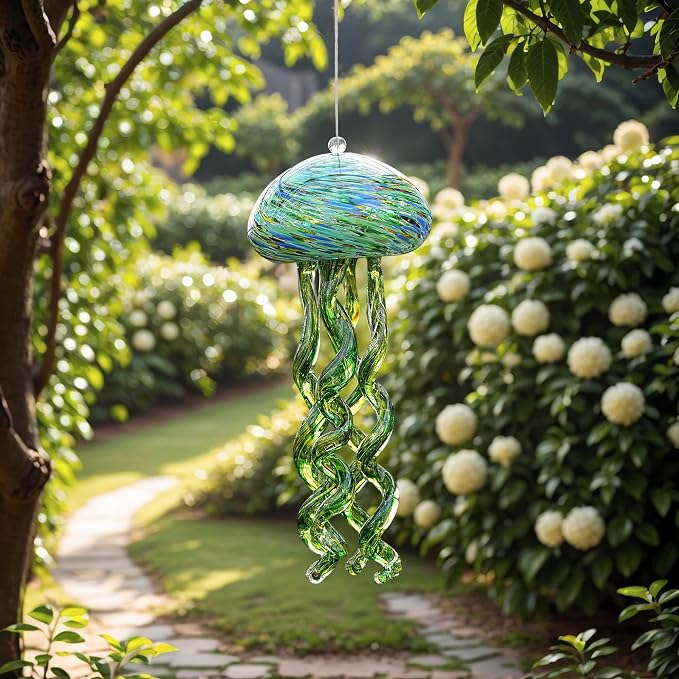 H&D HYALINE & DORA Sea Blown Glass Wind Chimes for Outside Jellyfish Wind Chimes 10 Inch Ocean Beach Themed Chime Gift Sea Glass Hanging Decor for Patio, Window & Garden