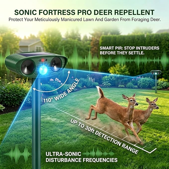 2Pack Ultrasonic Deer Repellent Device with Motion Sensor for Plant Garden | Solar Animal Repellent Outdoor To Keep Cat Rabbit Raccoon Out of Yard Farm Squirrel Fortress Pro Deer Deterrent