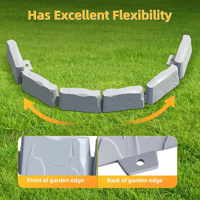 8Pcs Landscape Edging(12 FT) 24 Spikes - Faux Stone Edging Border for Garden, Flower Beds, Lawn & Pathways | 12ft L x3in H | Faux Stone Edging for Landscaping Outdoor (Grey)